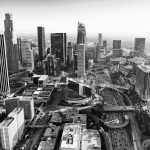 Aerial view of a Downtown Los Angeles at sunset