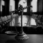 Decorative Scales of Justice in the Courtroom Symbol of law and justice in the empty courtroom, law and justice concept, focus on the scales, blue tone